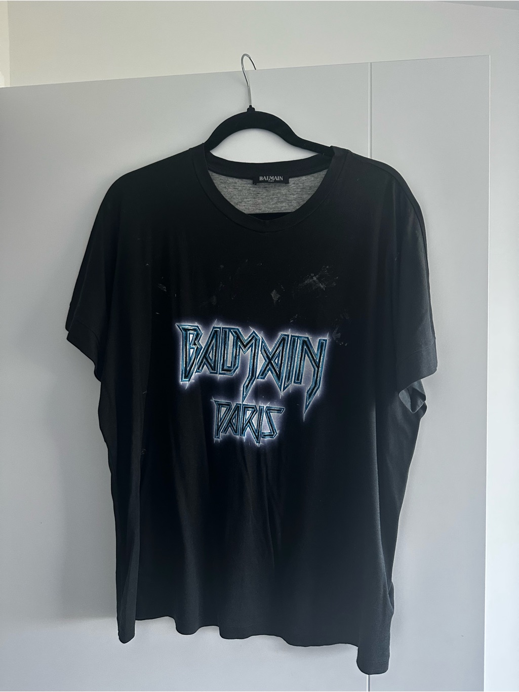 Balmain Black Tee With Blue Neon Logo